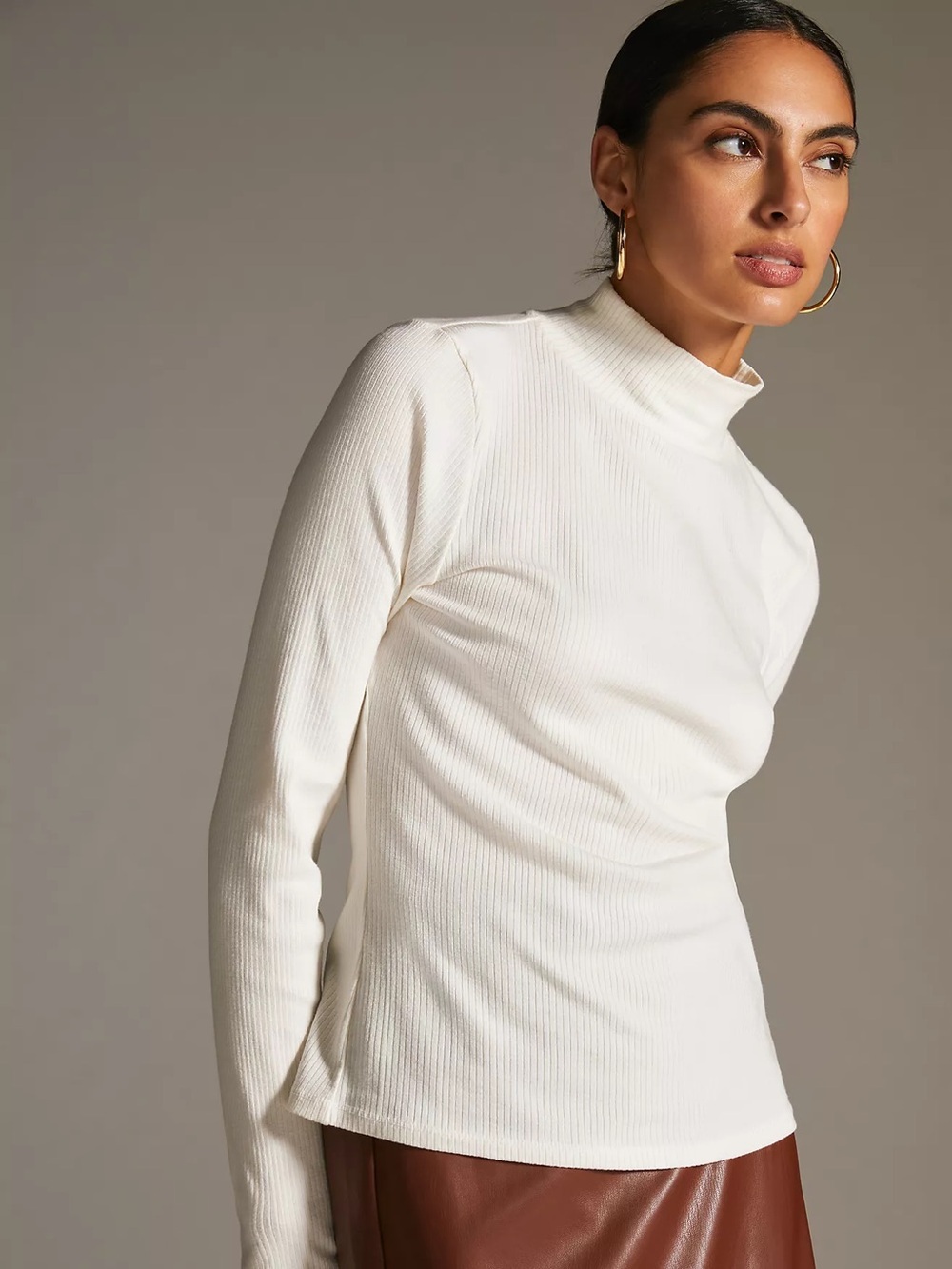 Anthropologie Maeve White Ribbed Turtle Neck Long Sleeve Top Women’s Size Large